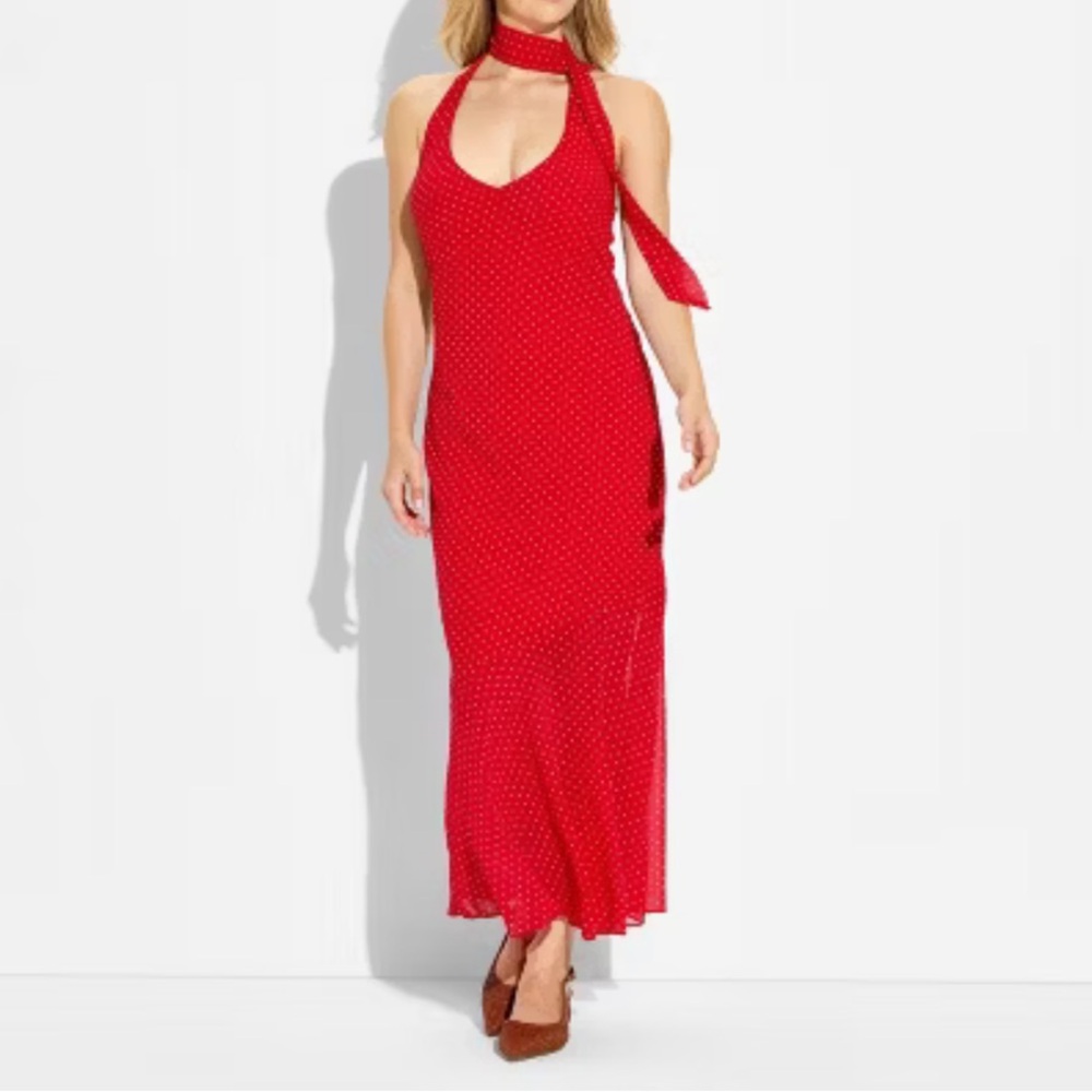 red/white polka dot scarf maxi dress